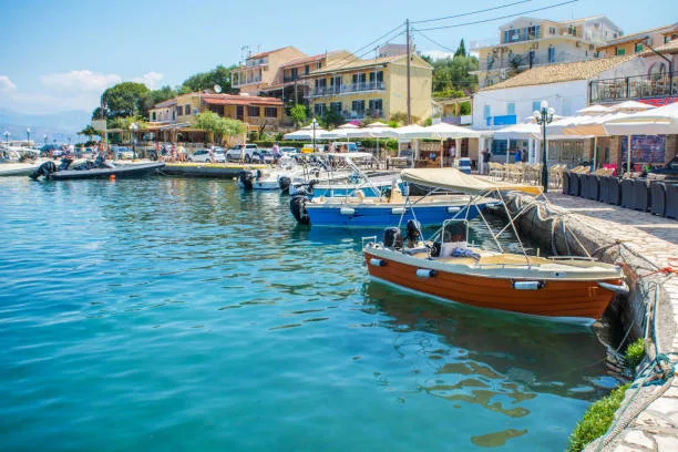 Kassiopi harbour with traditional fishing boats, north-east Corfu