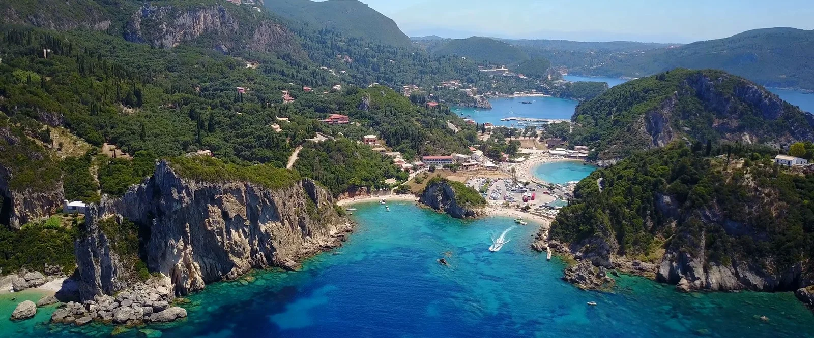 Aerial view of Paleokastritsa bays and monastery, Corfu